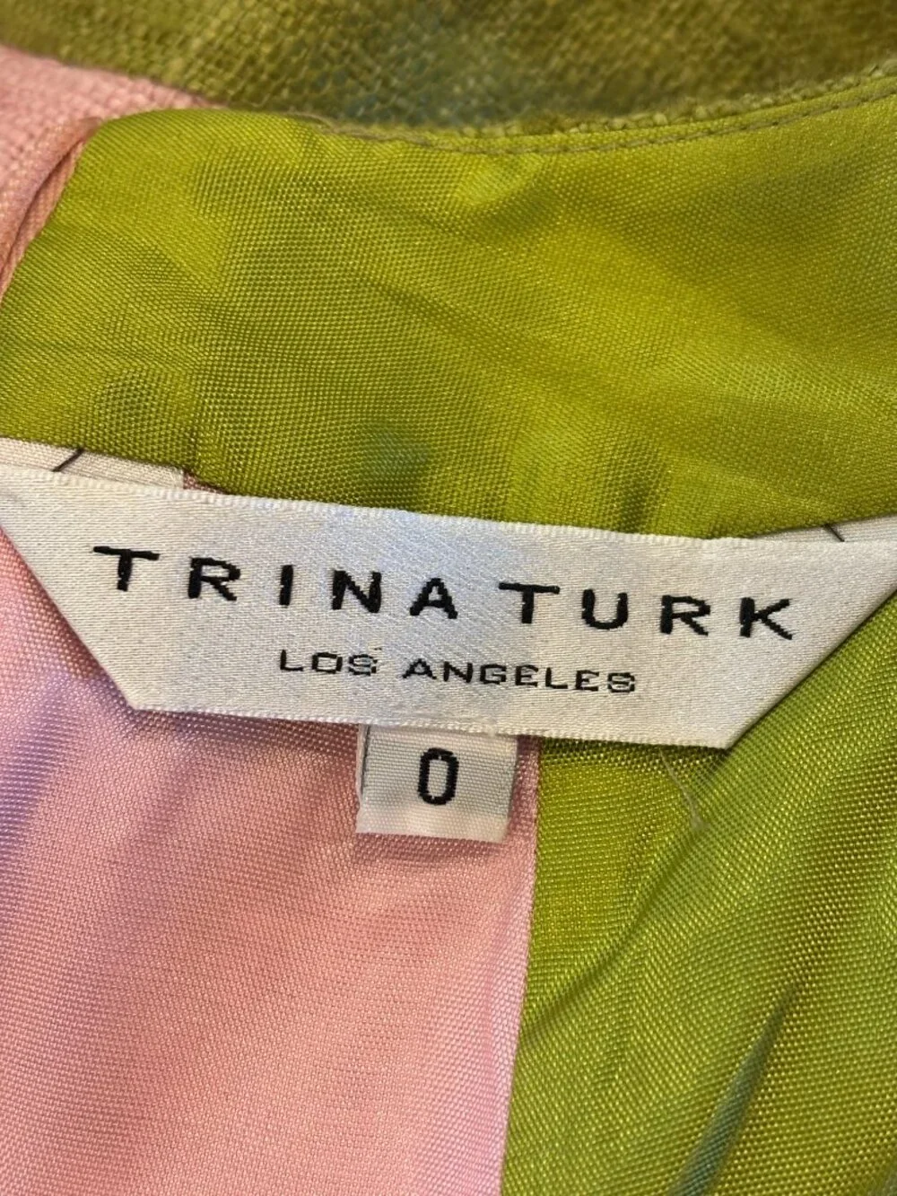 Trina Turk Pink & Olive Colorblock Silk Shift Dress Size 0 Like New - Picture 5 of 7